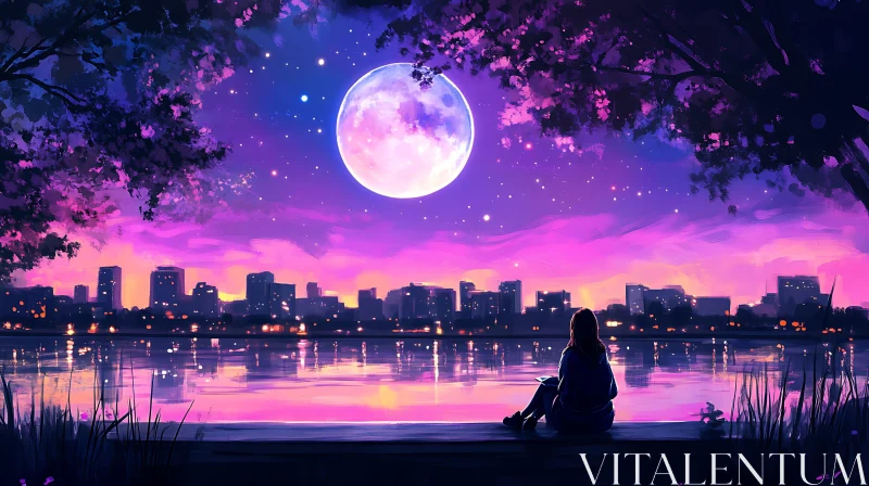 Lakeside Silhouette: Moonlit Urban Serenity AI Image