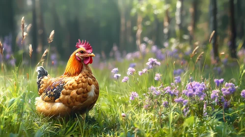 Forest Chicken Among Wildflowers