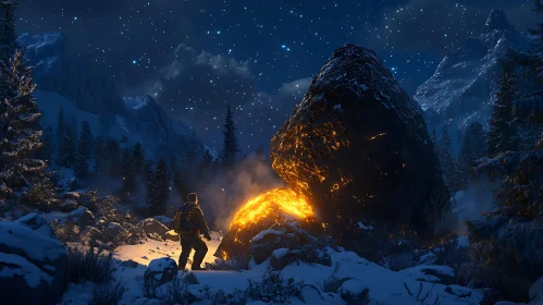 Snowy Mountain Scene with Campfire