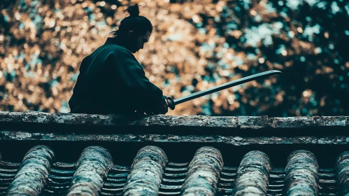 Samurai on Rooftop with Katana