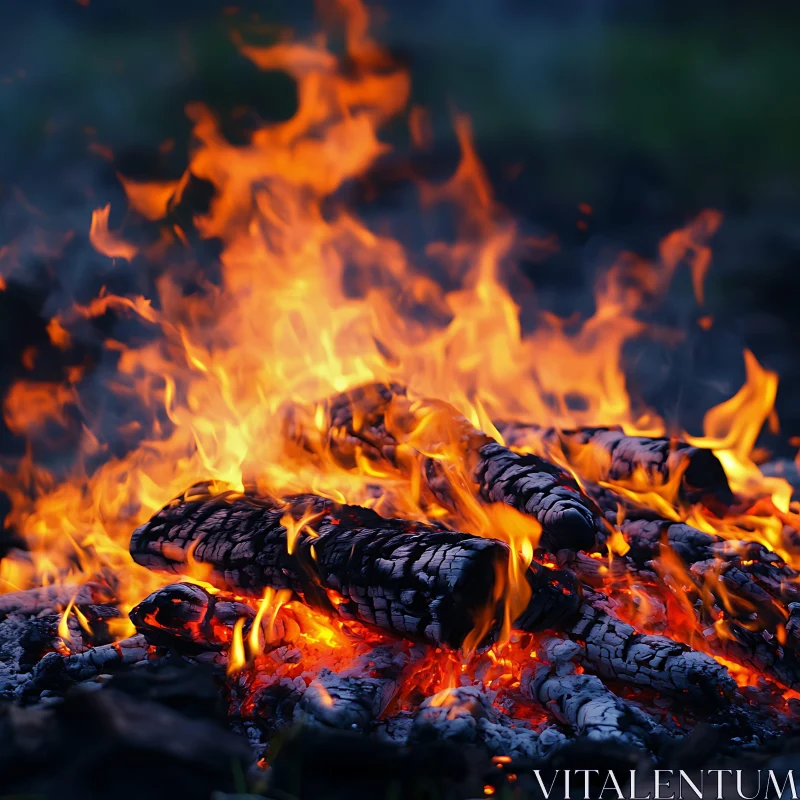 Campfire with Charred Logs and Fiery Flames AI Image