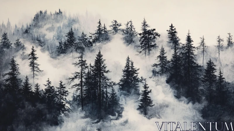 AI ART Misty Forest with Towering Evergreens