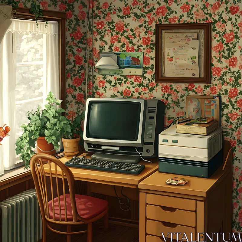 Retro Interior with Old Computer and Floral Wallpaper AI Image