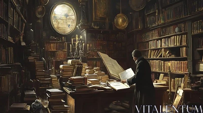 AI ART Vintage Library Interior with Reading Man