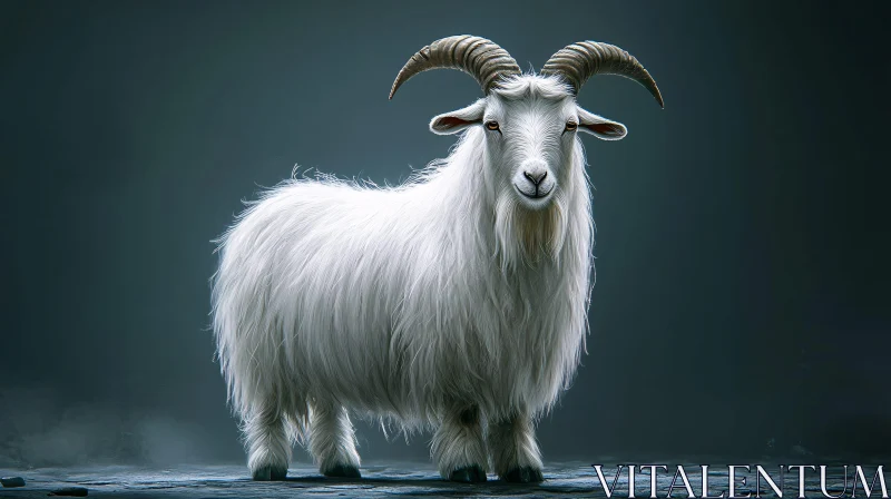 White Goat with Long Fur and Horns AI Image