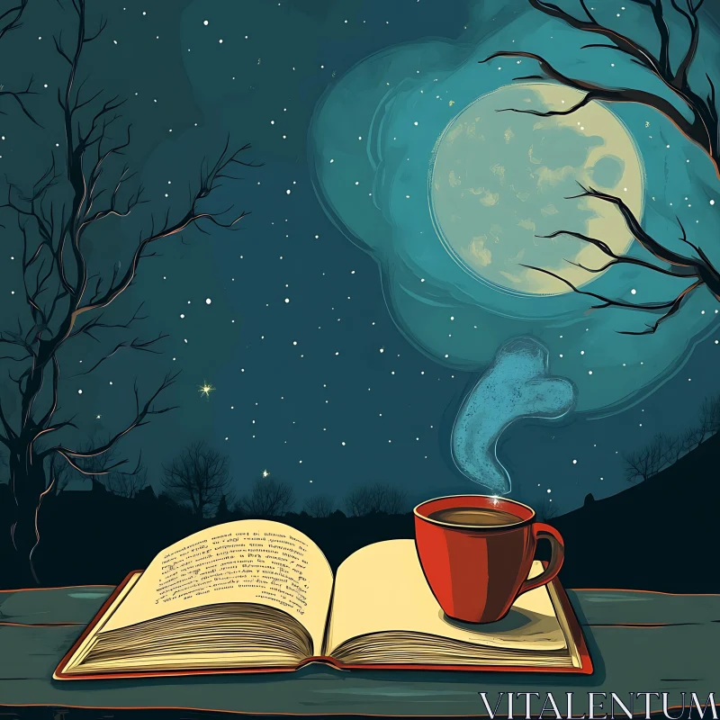 AI ART Nighttime Reading with Coffee