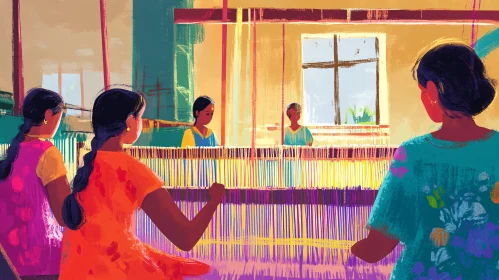 Artistic Weaving Loom Scene with Women