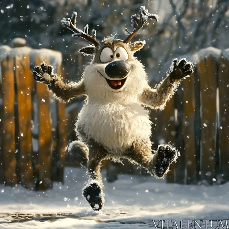 AI ART Joyful Reindeer Cartoon Jumping in Snowfall