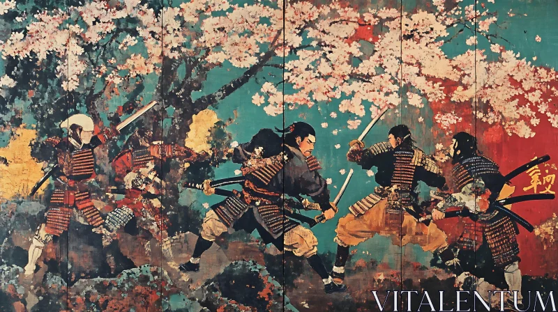 AI ART Warriors Clash Beneath Blossoming Trees