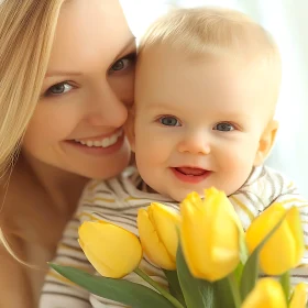 Loving Embrace: Mother, Baby, and Yellow Tulips