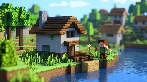 Pixelated Minecraft Scene by the Water