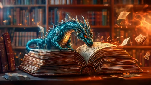 Library Dragon Reading Old Book