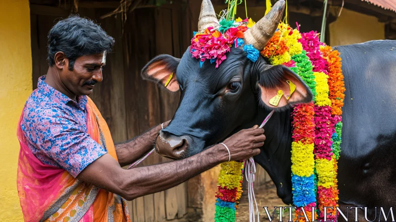 Cow Adorned with Garlands and Flowers AI Image