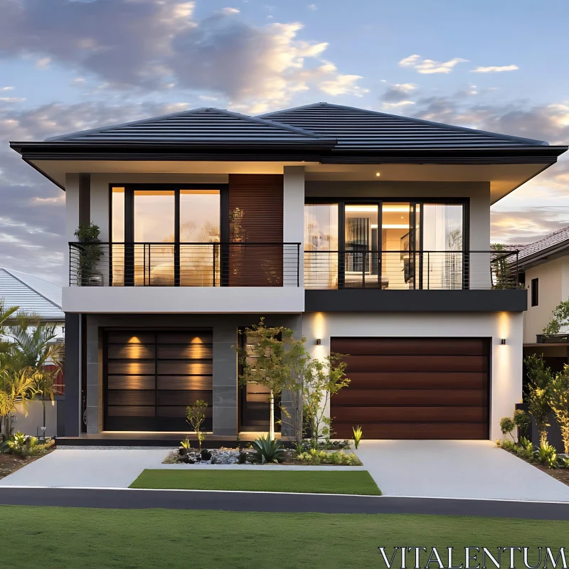 Sunset View of a Sleek Two-Story Modern House AI Image