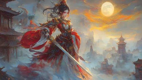 Fantasy Warrior with Sword in Dreamy Landscape