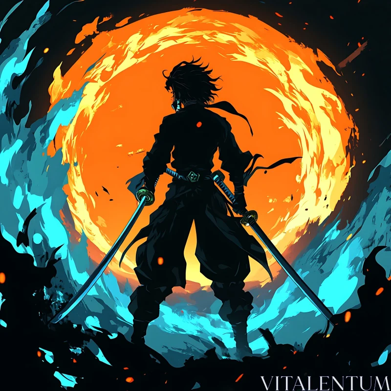 AI ART Silhouette of a Warrior with Swords