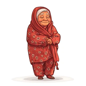 Cartoon of Smiling Old Woman in Red