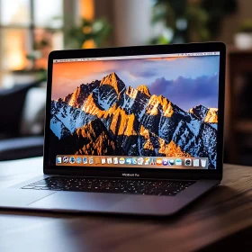 Modern Laptop on Wooden Table with Scenic Display