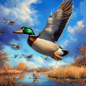 Flock of Ducks Flying Over Lake