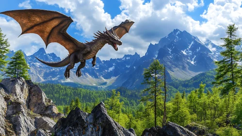 Majestic Dragon Soaring High Above Mountains