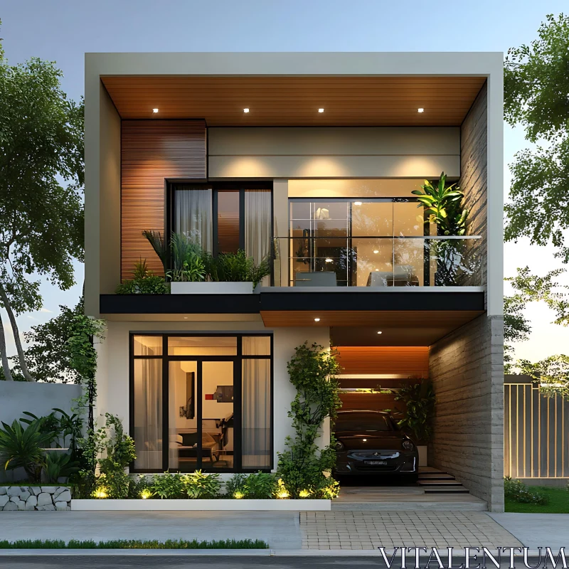 Contemporary House Exterior with Glass and Wood Features AI Image