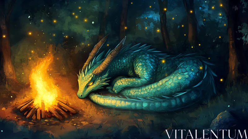 AI ART Forest Dragon Resting Near Fire