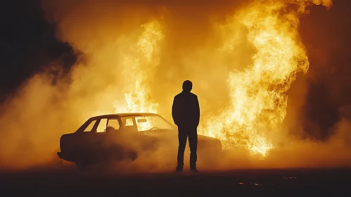 Man Standing Near a Car on Fire