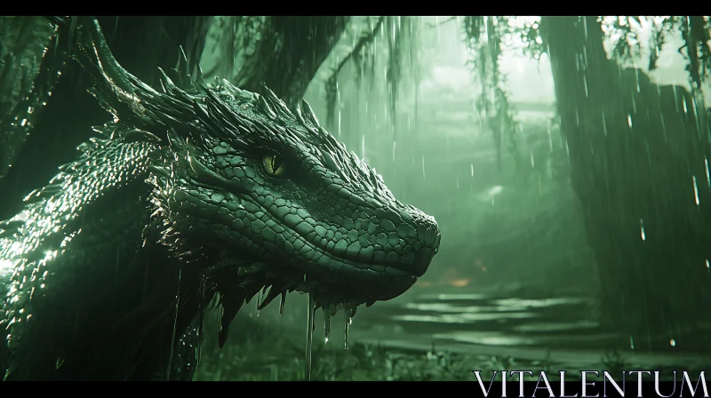 AI ART Green Dragon in Rainy Forest