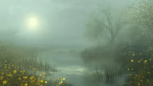 Tranquil Pond Surrounded by Mist and Sunlight