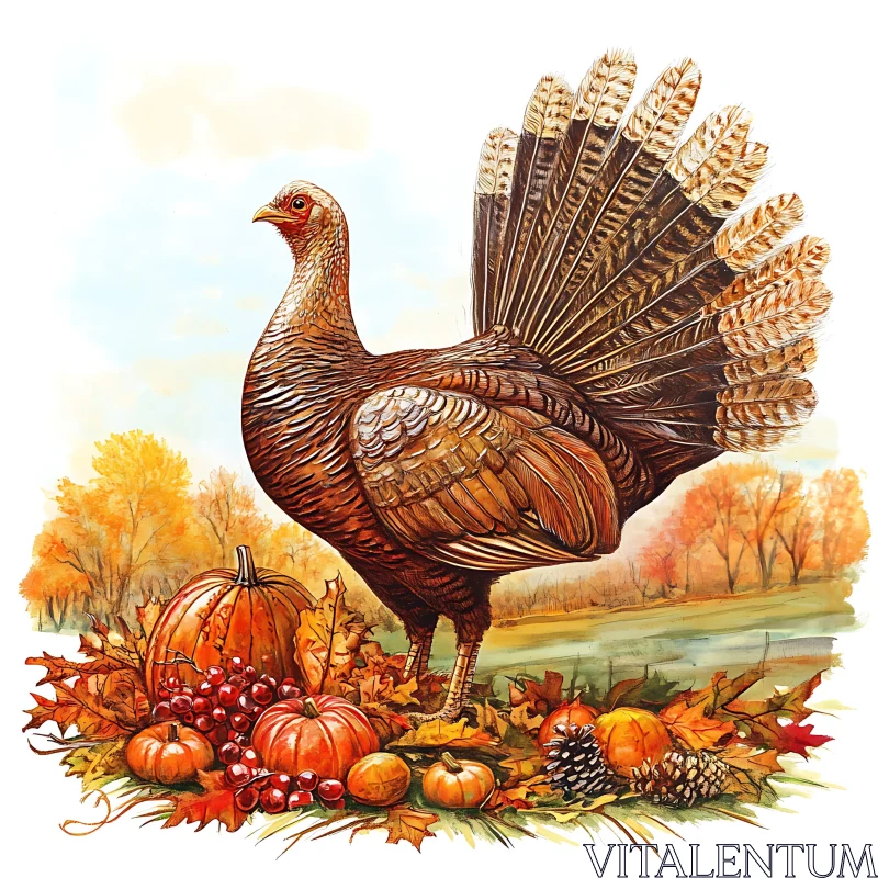 Festive Turkey Amongst Autumn Harvest Bounty AI Image