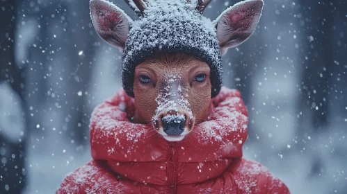 Whimsical Deer in Red Jacket Amidst Snow