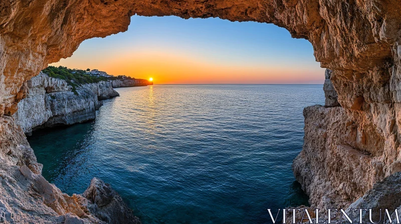 AI ART Serene Coastal Sunset Scene from Within a Cave