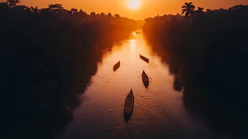 Sunset Boats on Calm River