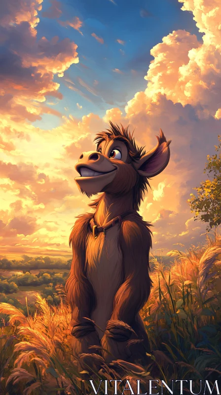 Animated Donkey in Sunset Field AI Image