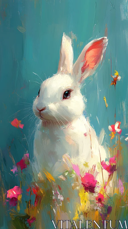 Artistic Rabbit Portrait with Blossoms AI Image