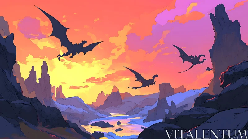 Sunset Dragons in a Fantasy Landscape AI Image