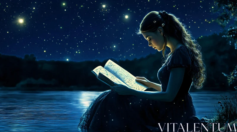 AI ART Woman Reading Book Under Starry Sky