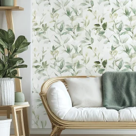 Botanical Wallpaper and Rattan Loveseat in Cozy Interior