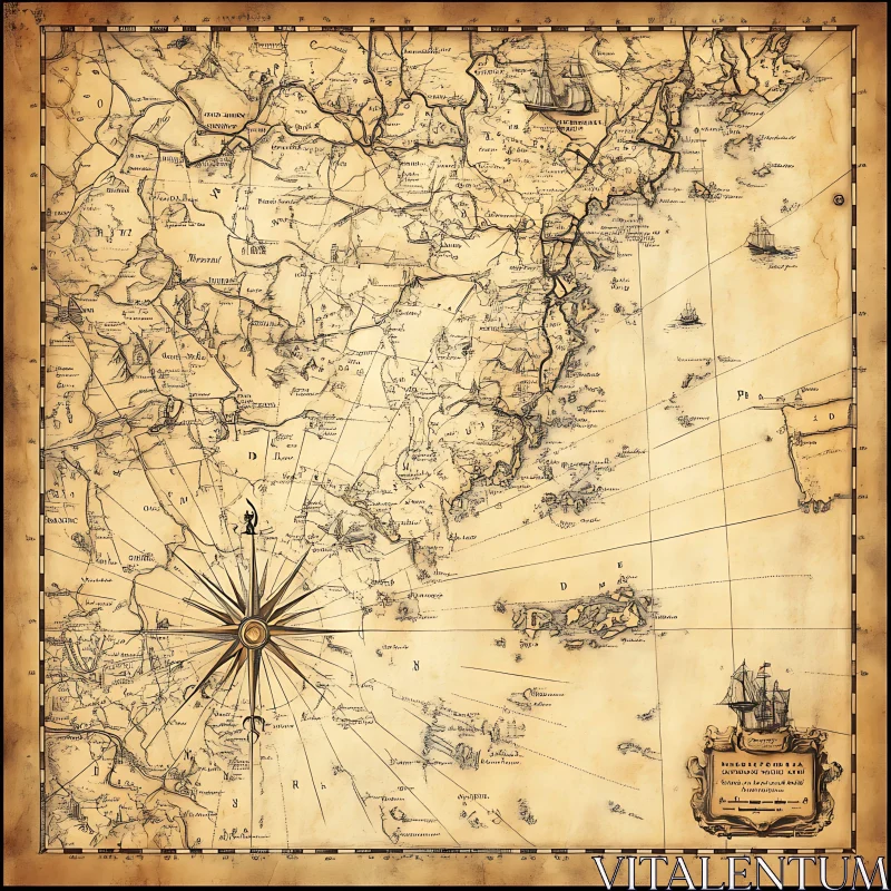 AI ART Vintage Sea Chart with Sailing Ships