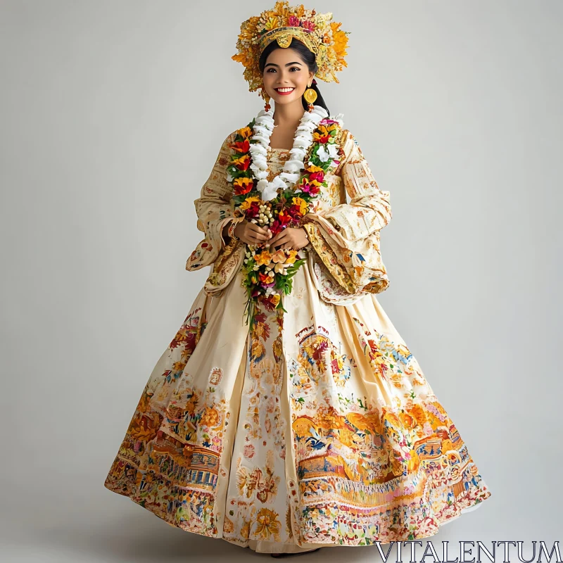 Floral Adorned Woman in Cultural Dress AI Image