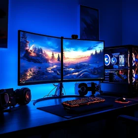 Modern Gaming Desk with Dual Screens and Blue Ambient Light