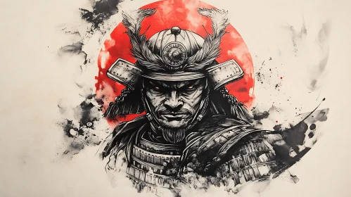Monochrome Samurai with Red Sun