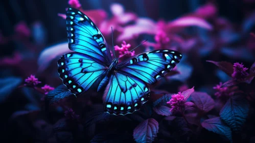 Blue Butterfly Amidst Pink Leaves and Purple Flowers - A Night-time Still Life