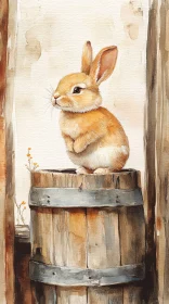 Fluffy Hare Perched on Rustic Barrel