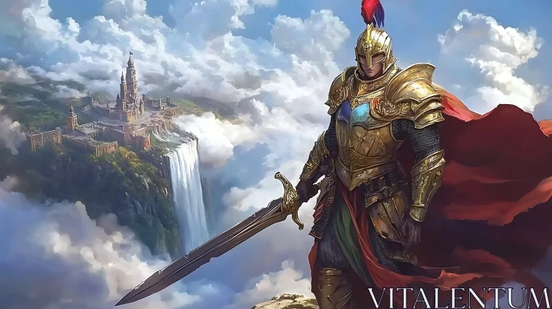 AI ART Warrior with Sword and Waterfall Castle