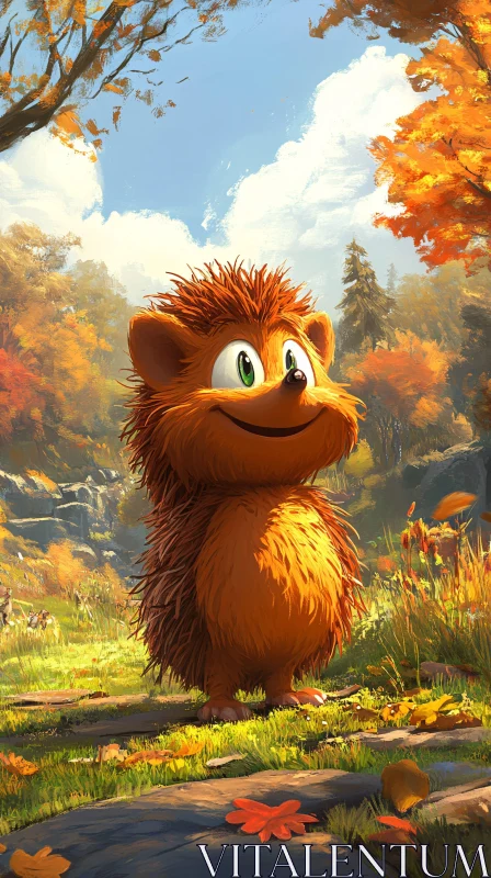 Joyful Hedgehog in Colorful Autumn Woods AI Image