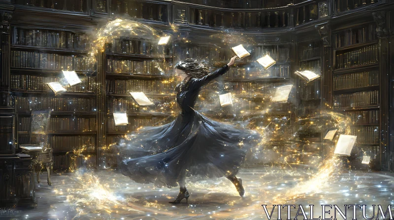 Whimsical Dance in a Magical Library AI Image