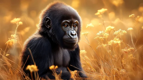 Serene Gorilla in Sunlit Field