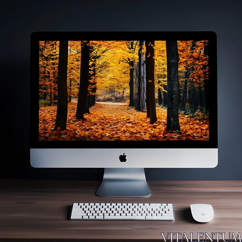 Desktop Setup Featuring Autumn Forest Scene AI Image