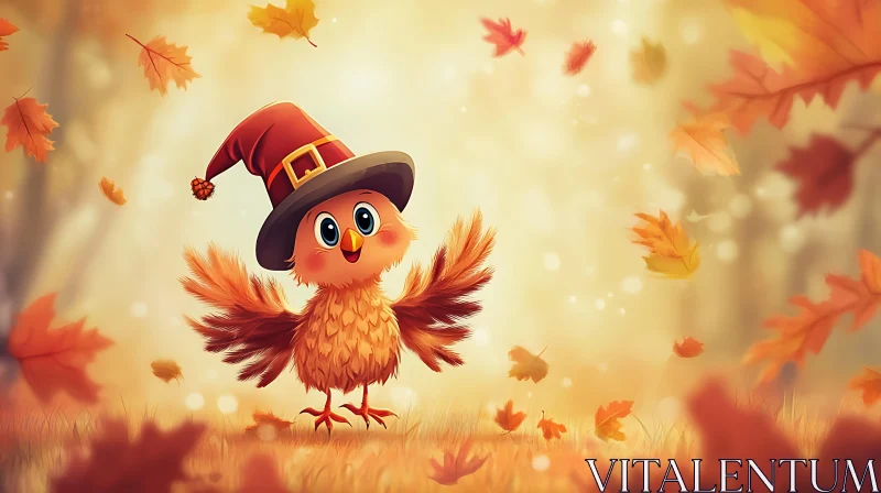 Cartoon Bird in Pilgrim Hat for Thanksgiving AI Image